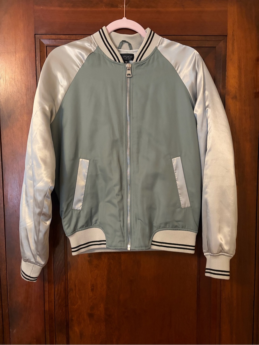 Topshop Sage Green Bomber Jacket with Silver Sleeves